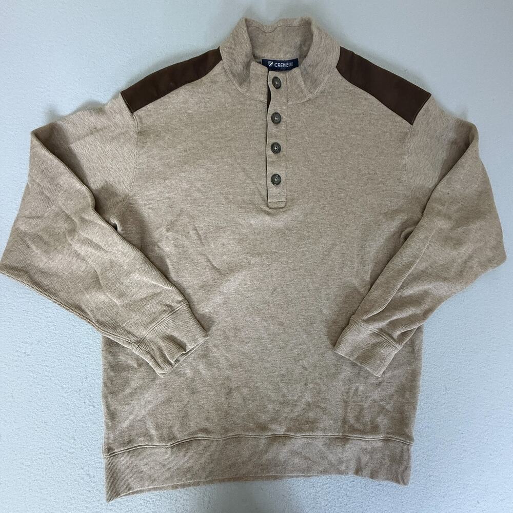 CREMIEUX Mens XL Beige Mock Neck Henley Sweater Brown Shoulder Patches
